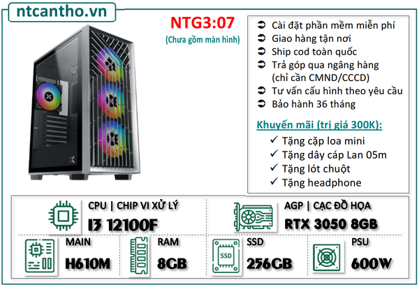 Mainboard H610M | I3 12100F | Ram4 8G | SSD 256GB | Case game | PSU 600W | Card RTX 3050 8GB | Tản nhiệt led | BH: 36T