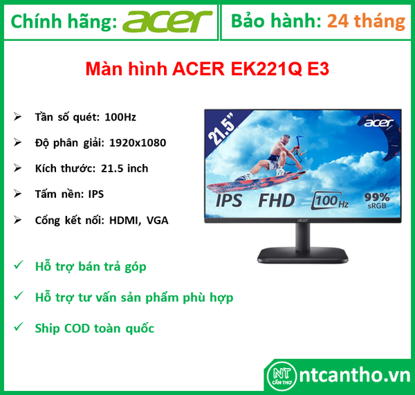 Màn hình (LCD) ACER EK221Q E3 21.5INCH/1920X1080@100Hz/IPS/VGA/HDMI/LED/ĐEN; 24T