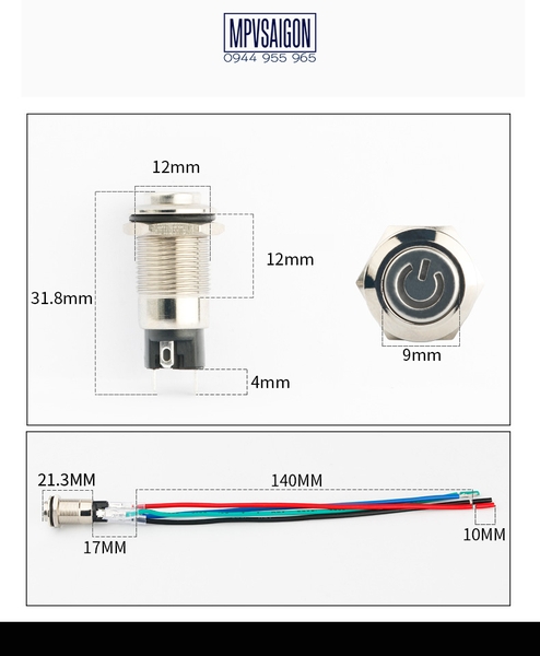 Công tắc 12mm LED nguồn có giắc.