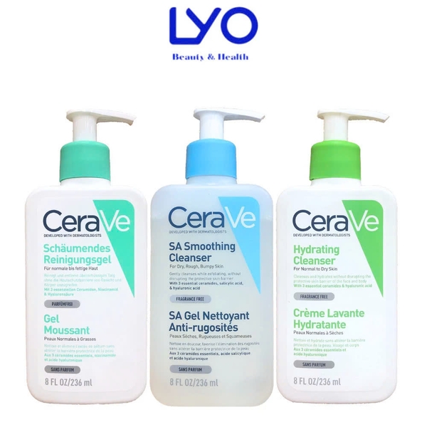 Sữa Rửa Mặt Pháp CeraVe Foaming/Hydrating/SA Smoothing Cleanser Dưỡng Trắng, Cấp Ẩm & Làm Sạch Da 236ml & 473ml