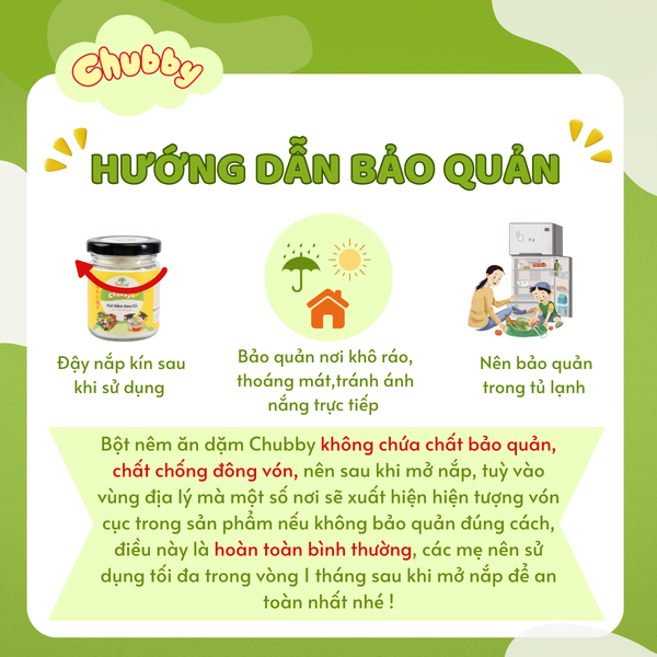 Bột nêm ăn dặm Chubby, bột nêm rau củ, bột nêm bò rau củ, bột nêm heo gà rau củ, bột nêm nấm đông cô, bột nêm rong biển cá tuyết 60gr