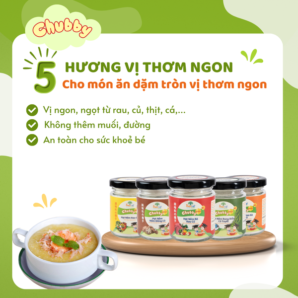 Bột nêm ăn dặm Chubby, bột nêm rau củ, bột nêm bò rau củ, bột nêm heo gà rau củ, bột nêm nấm đông cô, bột nêm rong biển cá tuyết 60gr