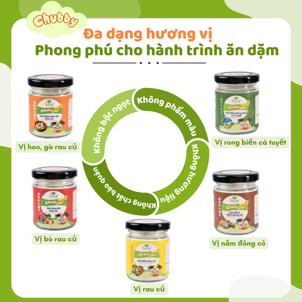 Bột nêm ăn dặm Chubby, bột nêm rau củ, bột nêm bò rau củ, bột nêm heo gà rau củ, bột nêm nấm đông cô, bột nêm rong biển cá tuyết 60gr
