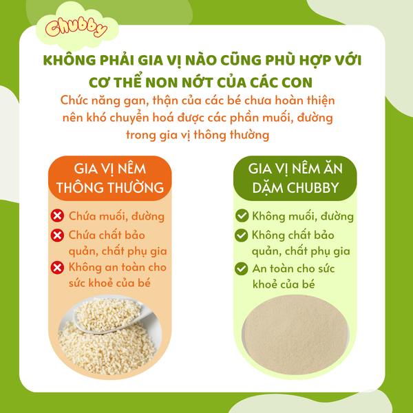 Bột nêm ăn dặm Chubby, bột nêm rau củ, bột nêm bò rau củ, bột nêm heo gà rau củ, bột nêm nấm đông cô, bột nêm rong biển cá tuyết 60gr