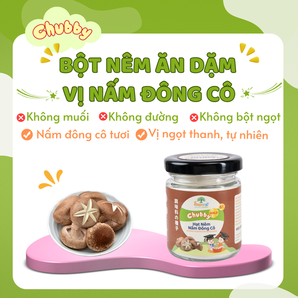 Bột nêm ăn dặm Chubby, bột nêm rau củ, bột nêm bò rau củ, bột nêm heo gà rau củ, bột nêm nấm đông cô, bột nêm rong biển cá tuyết 60gr