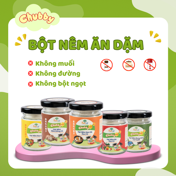 Bột nêm ăn dặm Chubby, bột nêm rau củ, bột nêm bò rau củ, bột nêm heo gà rau củ, bột nêm nấm đông cô, bột nêm rong biển cá tuyết 60gr