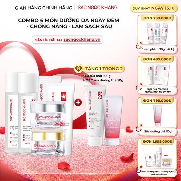 Combo 7 món Sản Phẩm Chăm Sóc Da Toàn Diện Chuyên Sâu Sắc Ngọc Khang (Nước Tẩy Trang Thảo Dược, Sữa Rửa Mặt Thảo Dược, Nước Hoa Hồng Thảo Dược, Serum Siêu Dưỡng Trắng Vitamin C, Kem Dưỡng Da 5 In 1, Kem Dưỡng Ban Đêm, Kem Chống Nắng)