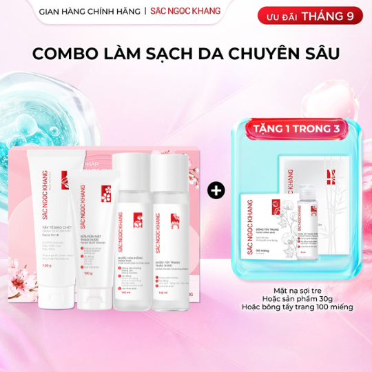 Combo Làm Sạch Da Chuyên Sâu Sắc Ngọc Khang (Sữa rửa mặt Thảo Dược 100g + Nước Hoa Hồng Thảo Dược 145ml + Nước Tẩy Trang Thảo Dược 145ml + Tẩy TBC 120g)