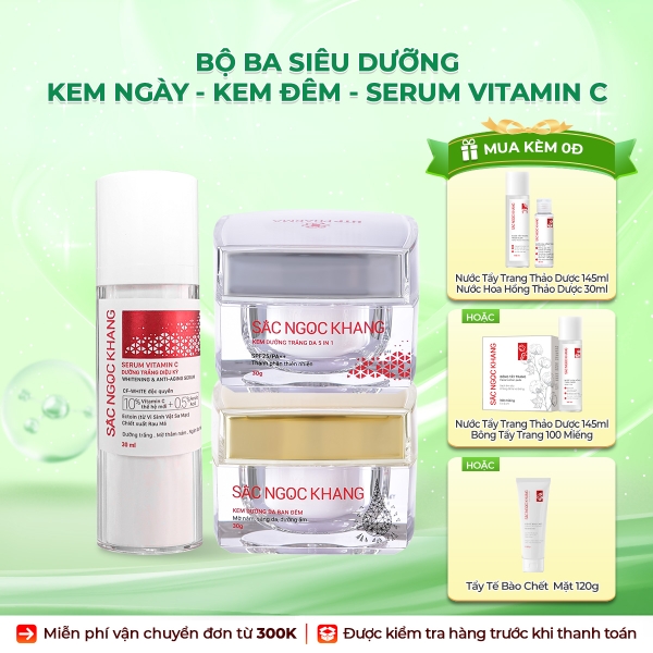 Bộ Kem Dưỡng Ngày/Đêm + Serum Trắng Bật Tông Sắc Ngọc Khang (Serum Vitamin C 30ml + Kem Ngày 30g + Kem Đêm 30g)