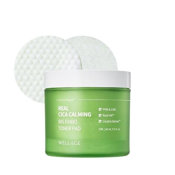 Toner pad cấp ẩm làm dịu da Wellage Real CICA CALMING Big Embo 160ml