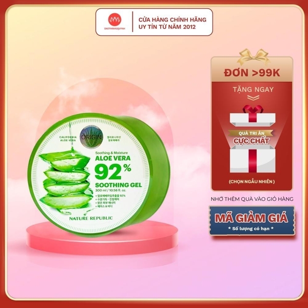 Gel Lô Hội Nature Republic 92% - Hũ Nha Đam Dưỡng Ẩm & Làm Mềm Da Soothing & Moisture Aloe Vera 300ml