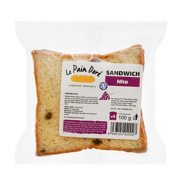 Bánh mì sandwich nho khô raisin Le Pain Dore gói 100g (4 lát) Bách hóa Vì Dân Bánh Mì Sandwich Nho Khô Raisin Le Pain Dore Gói 100G (4 Lát) Bách Hóa Vì Dân