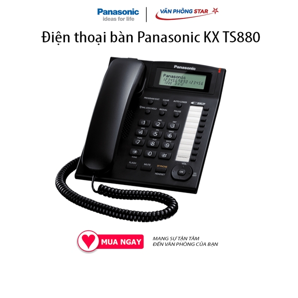 Điện thoại bàn Panasonic KX TS880Màn hình LCD hiển thị só gọi đến. Danh bạ 50 số. Gọi nhanh bằng 1 phím bấm: 20 số