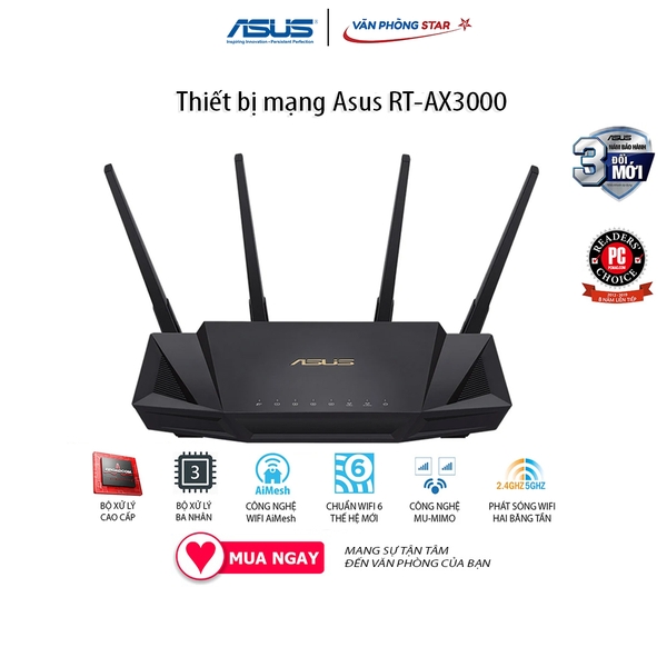 Thiết bị mạng WIFI Asus RT-AX3000  2.4 GHz / 5 GHz Chuẩn kết nối: 802.11