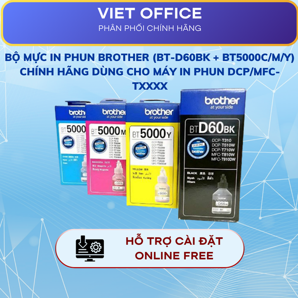 (Combo 4 màu) Bộ mực in phun Brother (BT-D60BK + BT5000C/M/Y) chính hãng dùng cho máy in phun DCP/MFC-Txxxx