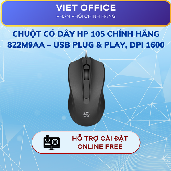 Chuột Có Dây HP 105 Chính Hãng 822M9AA – USB Plug & Play, DPI 1600, Thiết Kế Gọn Nhẹ