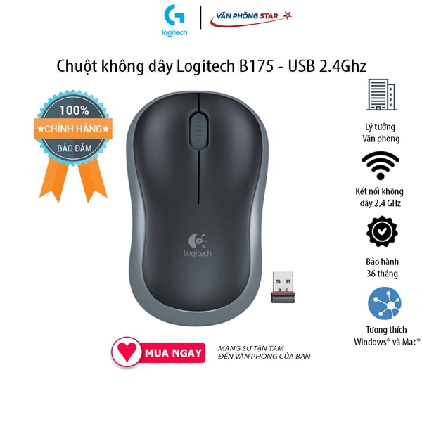 Chuột không dây Logitech B175 USB 2.4 Ghz tương thích Windows & MacOs 1 pin AA dùng 1 năm chính hãng bảo hành 3 năm