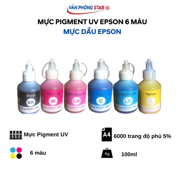 Bộ mực dầu 6 mầu 100ml dùng Epson T50,T60,R1430,1390,L120,L310,L1110,L3110,L565,L805,L800,L1300