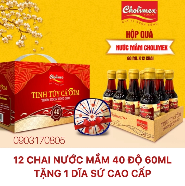 (Thùng 6 hộp) Hộp quà 12 chai nước mắm cá cơm 40 độ 60ml Cholimex 2026
