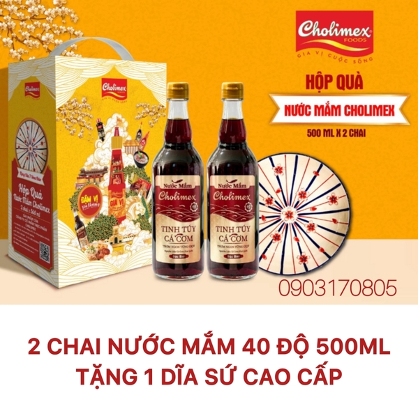 (Thùng 6 hộp) Hộp quà 2 chai NƯỚC MẮM CÁ CƠM 40 ĐỘ 500ml CHOLIMEX tặng dĩa sứ 2026
