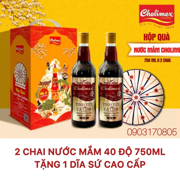 (Thùng 6 hộp) Hộp quà tết 2 chai NƯỚC MẮM CÁ CƠM 40 ĐỘ 750ml CHOLIMEX tặng kèm dĩa sứ 2026