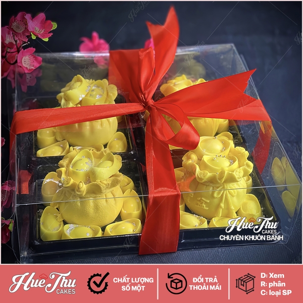 Combo 10 hộp đựng bánh Trung Thu mica 4 bánh + hộp 12x12cm + dây ruy băng màu đỏ