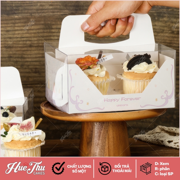 Hộp đựng bánh Cupcake 4 bánh (2 ngăn) có quai xách