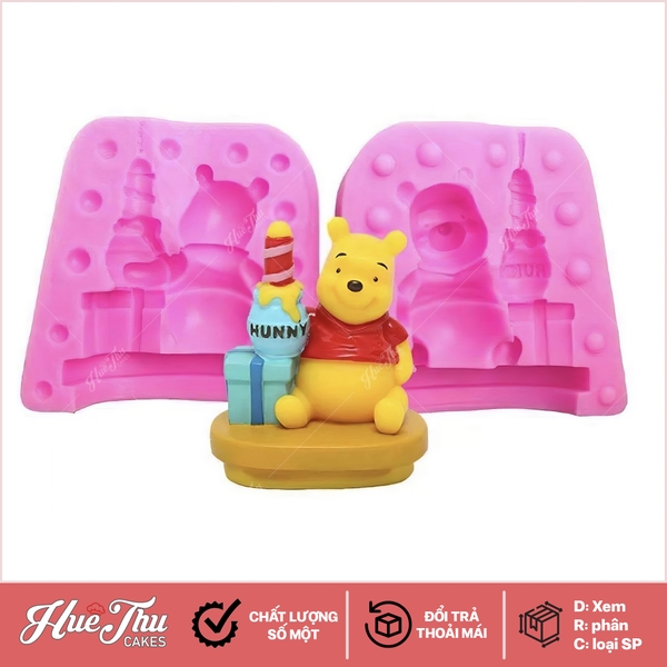 Khuôn silicon Gấu Pool bên hộp quà 7x7cm làm bánh rau câu 3D 4D nhấn xôi, fondant, socola, nến hanmade