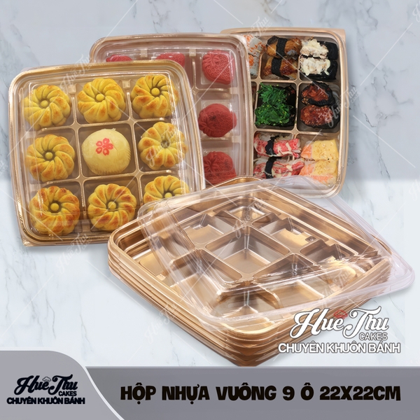 Hộp nhựa vuông 9 ô 22x22cm (10 hộp) đựng bánh Mochi, Trung Thu, rau câu