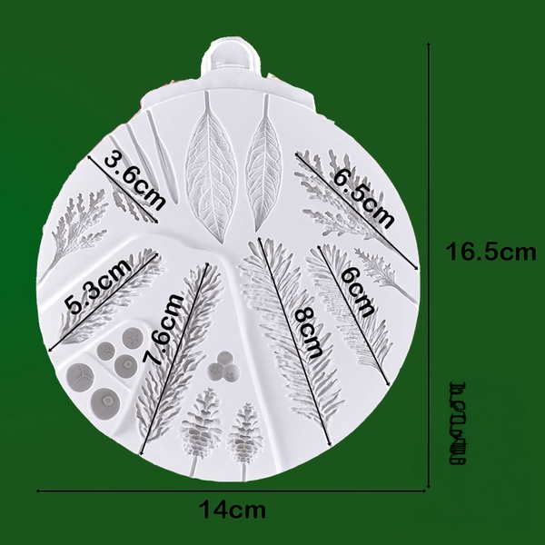 Khuôn silicon Quả Thông, Lá Thông (vỉ nhiều chi tiết) làm bánh rau câu 3D 4D nhấn xôi, fondant, socola, nến hanmade