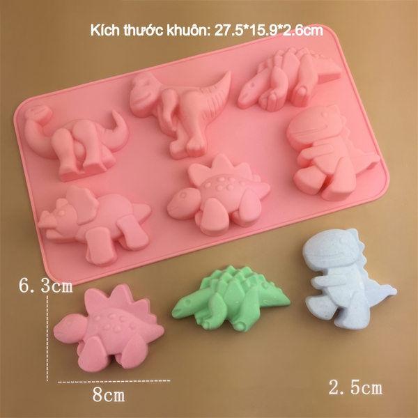 Khuôn silicon Khủng Long A54 (vỉ 6 hình) làm bánh rau câu 3D 4D nhấn xôi, fondant, socola, nến hanmade