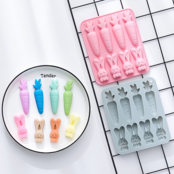 Khuôn silicon Thỏ Cà Rốt A64 (vỉ 8 khuôn) làm bánh rau câu 3D 4D nhấn xôi, fondant, socola, nến hanmade