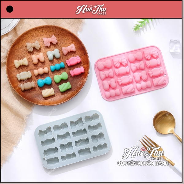 Khuôn silicon kẹo chip Chiếc Nơ, Viên Kẹo (vỉ 16 hình) làm kẹo dẻo, chip chip, rau câu mini, thạch trà sữa