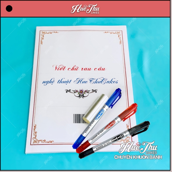 Combo bộ sách viết chữ lên bánh (sách viết chữ, cuộn mica 150g, bộ ba bút lông dầu màu đen, đỏ, xanh)