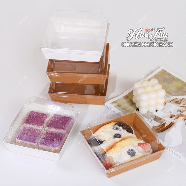 Hộp vuông giấy Kraft 10.5/11.5/12.9cm (10 cái, có nắp) màu nâu, trắng đựng bánh trôi, bánh bông lan, rau câu, đồ ăn
