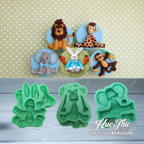 Khuôn silicon Sư Tử, Hươu Cao Cổ, Thỏ, Voi, Khỉ (5 khuôn) làm bánh rau câu 3D 4D nhấn xôi, fondant, socola, nến hanmade