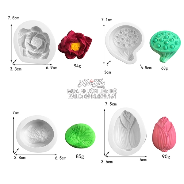 Bộ 4 khuôn silicon Sen Trôi Nước (lá sen, hoa sen, đài sen, búp sen) làm bánh rau câu 3D 4D nhấn xôi, trôi nước