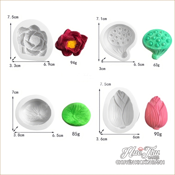 Bộ 4 khuôn silicon Sen Trôi Nước (lá sen, hoa sen, đài sen, búp sen) làm bánh rau câu 3D 4D nhấn xôi, chè trôi nước
