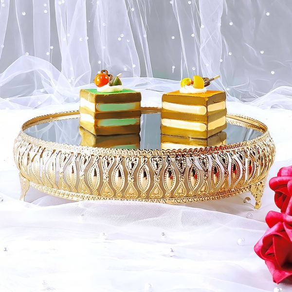 Khay Gương Tròn Viền Vàng Có Chân - trang trí bàn tiệc mâm cúng hiện đại phong cách Luxury