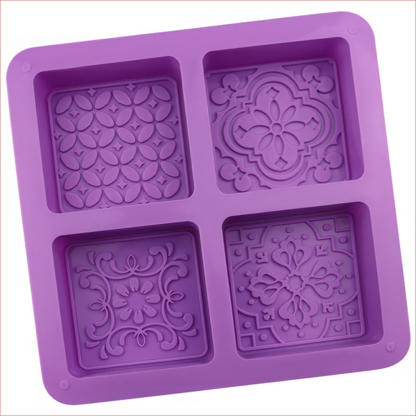 Khuôn silicon Viên Vuông Hoa Văn A57 (vỉ 4 khuôn) làm bánh rau câu 3D 4D nhấn xôi, fondant, socola, nến hanmade