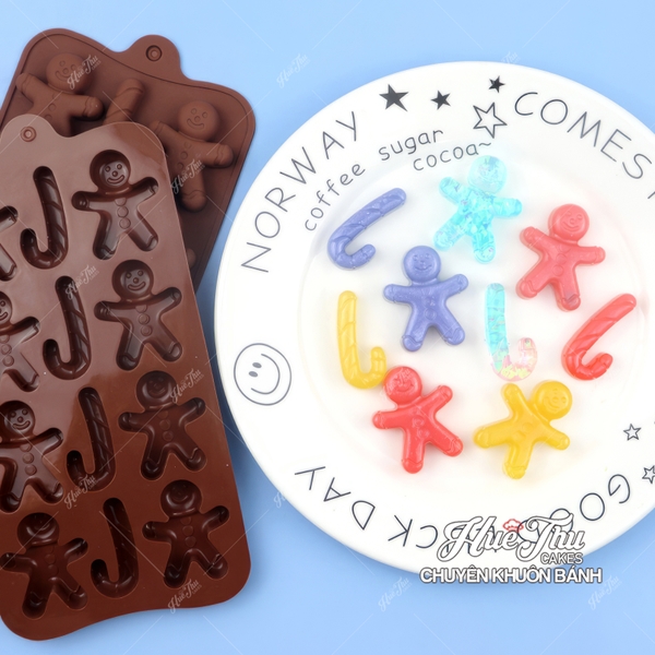 Khuôn silicon Người Tuyết, Gậy Giáng Sinh (vỉ 12 hình) làm bánh rau câu Noel