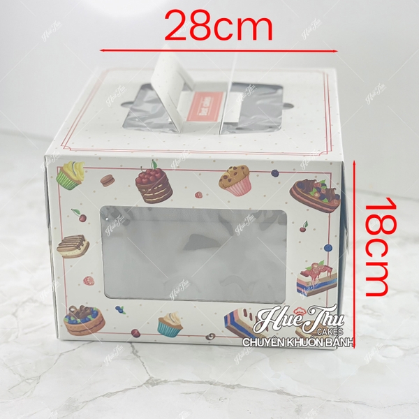 Hộp giấy vuông quai xách size 20/25/28/30/35cm cao 18cm đựng bánh sinh nhật kèm đế