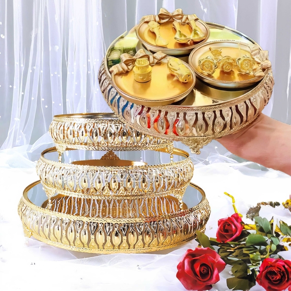Khay Gương Tròn Viền Vàng Có Chân - trang trí bàn tiệc mâm cúng hiện đại phong cách Luxury
