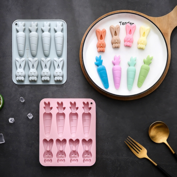 Khuôn silicon Thỏ Cà Rốt A64 (vỉ 8 khuôn) làm bánh rau câu 3D 4D nhấn xôi, fondant, socola, nến hanmade