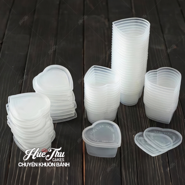 Hộp flan hình trái tim (50 hộp) hũ nhựa hấp bánh flan, da lợn, đựng tàu hủ singapore, panna cotta, rau câu ly