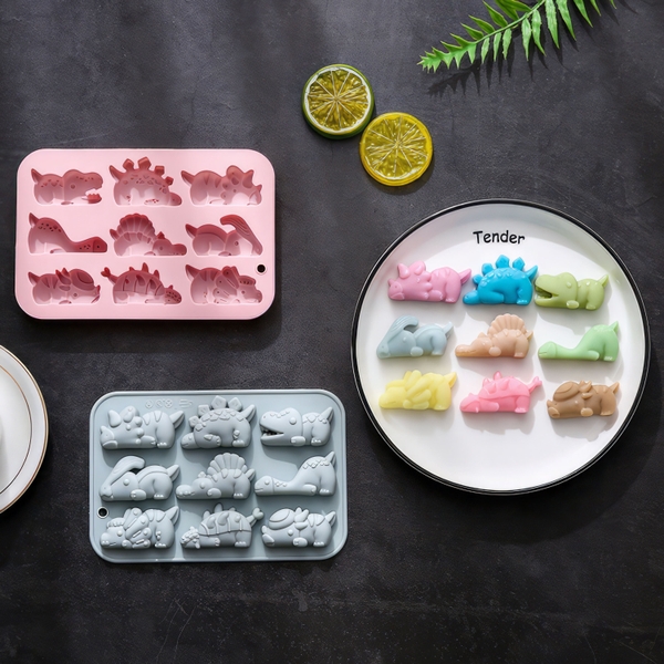 Khuôn silicon Khủng Long A107 (vỉ 9 hình) làm bánh rau câu 3D 4D nhấn xôi, fondant, socola, nến hanmade