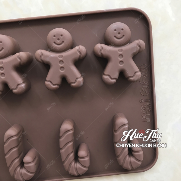 Khuôn silicon Người Tuyết, Gậy Giáng Sinh (vỉ 12 hình) làm bánh rau câu Noel
