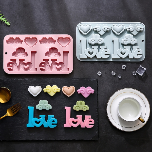 Khuôn silicon Trái Tim, chữ Love A108 (vỉ 8 hình) làm bánh rau câu 3D 4D nhấn xôi, fondant, socola, nến hanmade