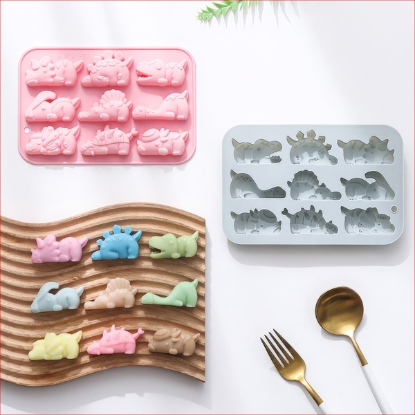 Khuôn silicon Khủng Long A107 (vỉ 9 hình) làm bánh rau câu 3D 4D nhấn xôi, fondant, socola, nến hanmade