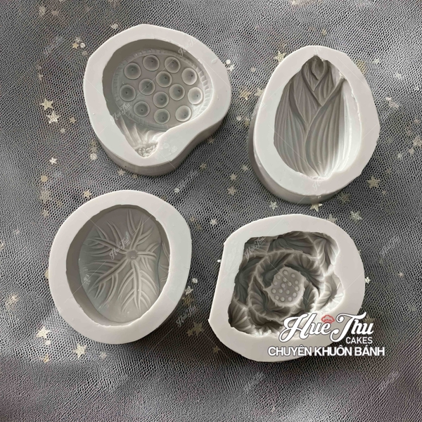Bộ 4 khuôn silicon Sen Trôi Nước (lá sen, hoa sen, đài sen, búp sen) làm bánh rau câu 3D 4D nhấn xôi, chè trôi nước